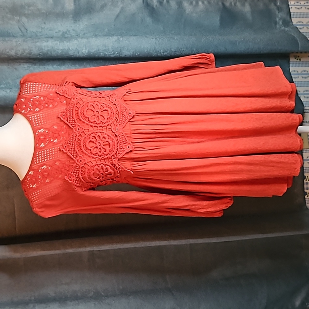 🧡HP! Jolt Women's Size Small Orange Boho Long Sleeve Mini Dress With Lace - EUC